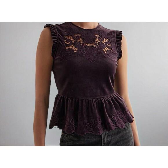 Express Velvet Crew Neck Lace Embroidered Peplum Top Size Medium Merlot $78 - Picture 1 of 11